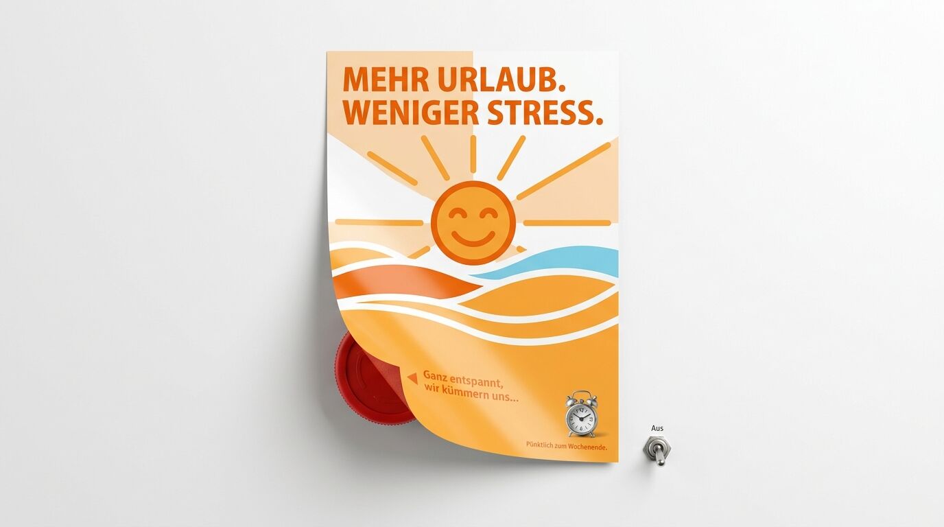 Werbeplakat für Urlaub auf weißer Wand mit eingerollter Ecke und Schalter