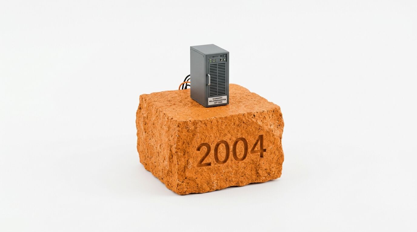 Servergehäuse auf Ziegel mit eingraviertem Jahr 2004, auf weißem Hintergrund, 3/4-Ansicht
