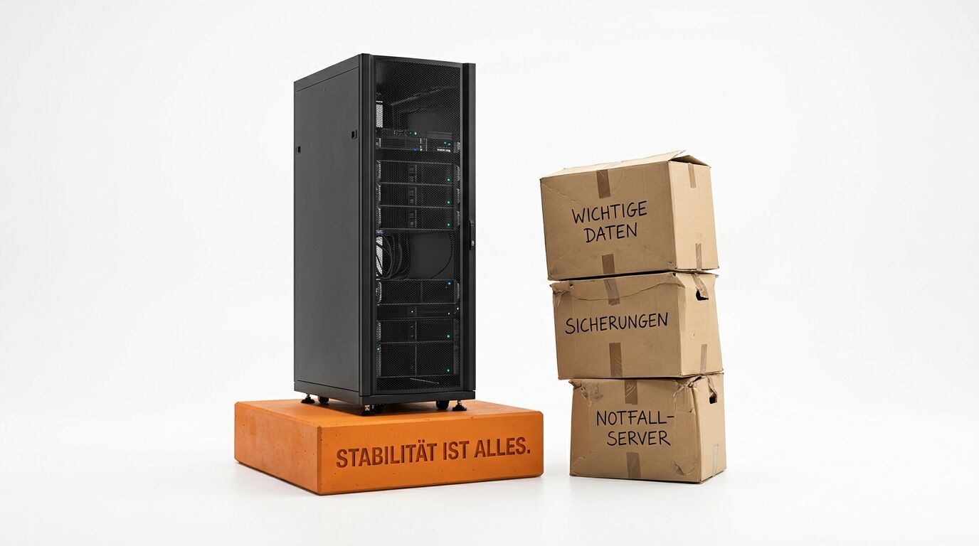 Server-Rack auf Sockel neben Kartonstapel, jeweils mit deutscher Beschriftung, vor weiß