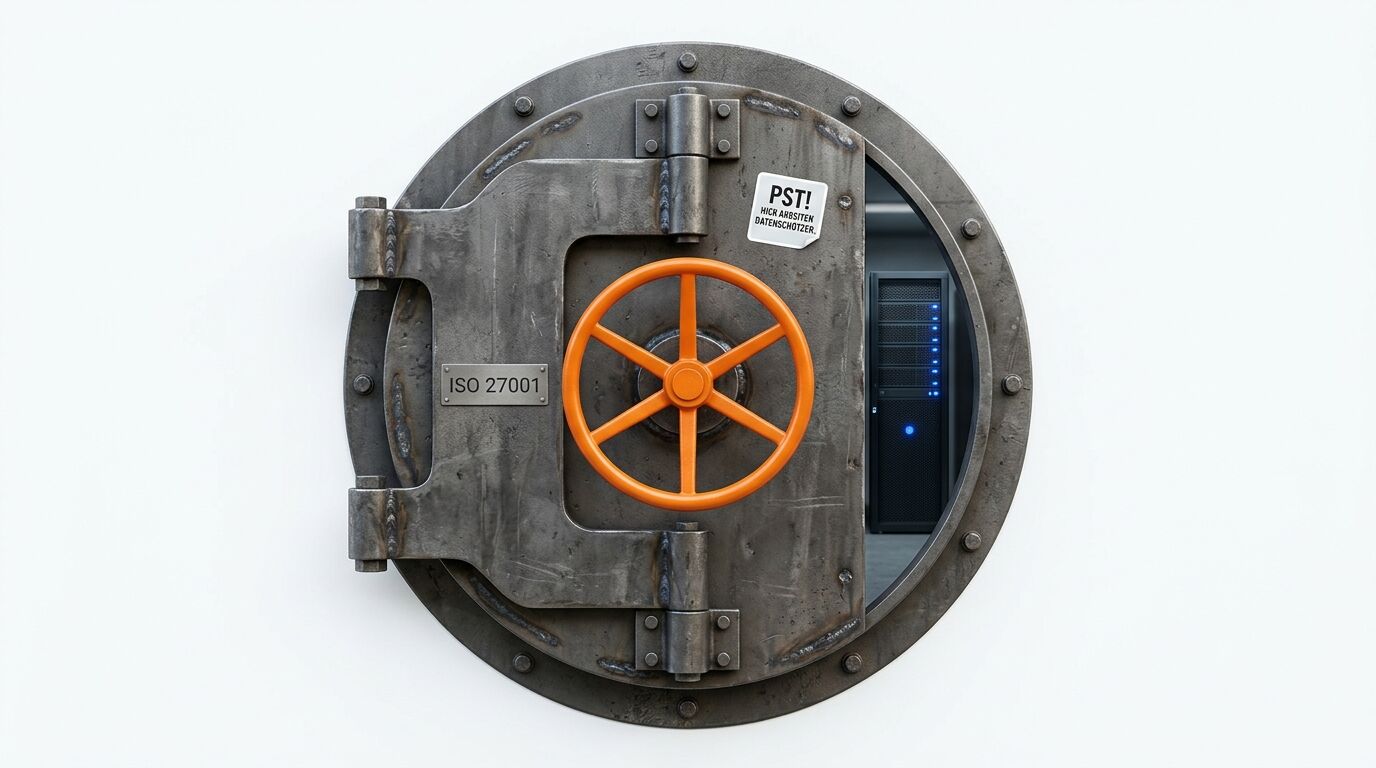 Geöffnete Tresortür mit ISO 27001 Plakette gibt Blick auf einen Serverrack frei