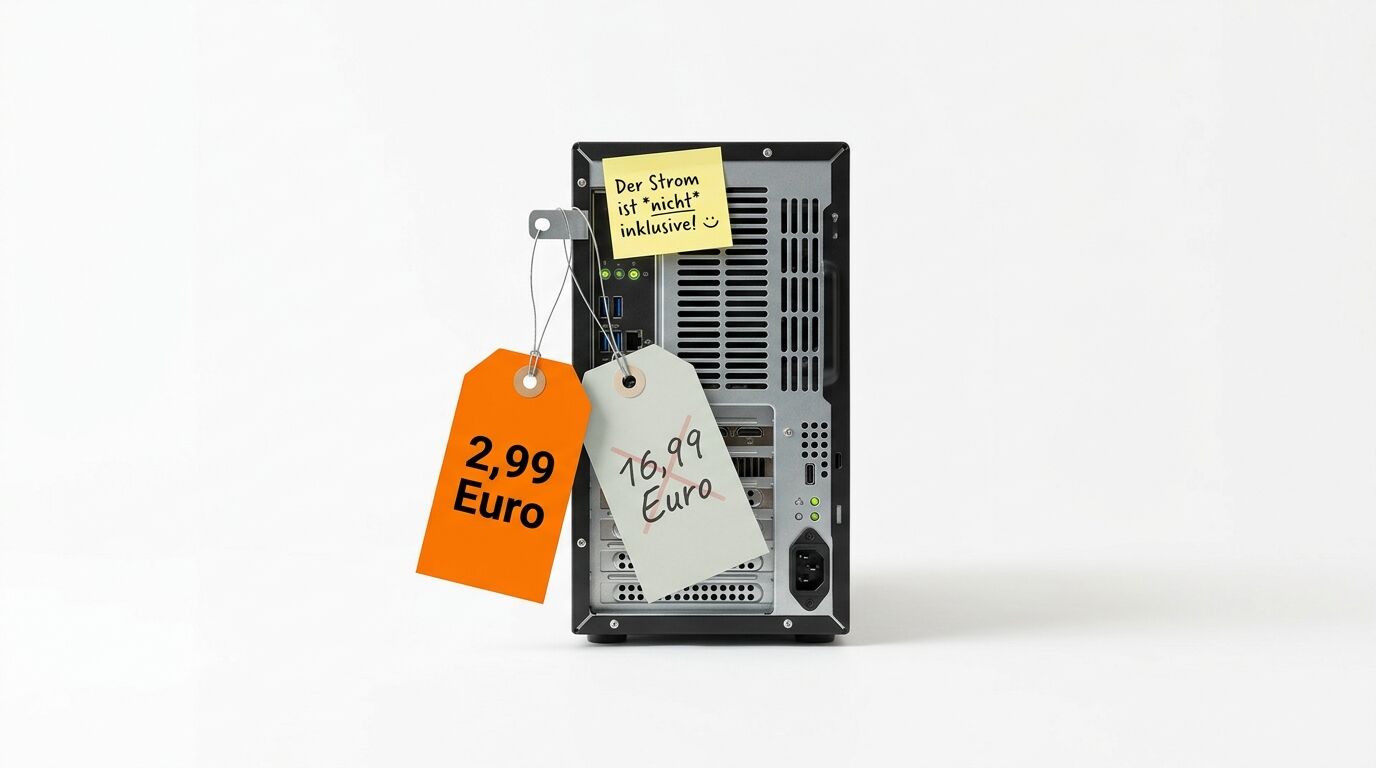 Rückseite eines PC-Gehäuses mit zwei Preisschildern und einem Notizzettel vor weißem Hintergrund