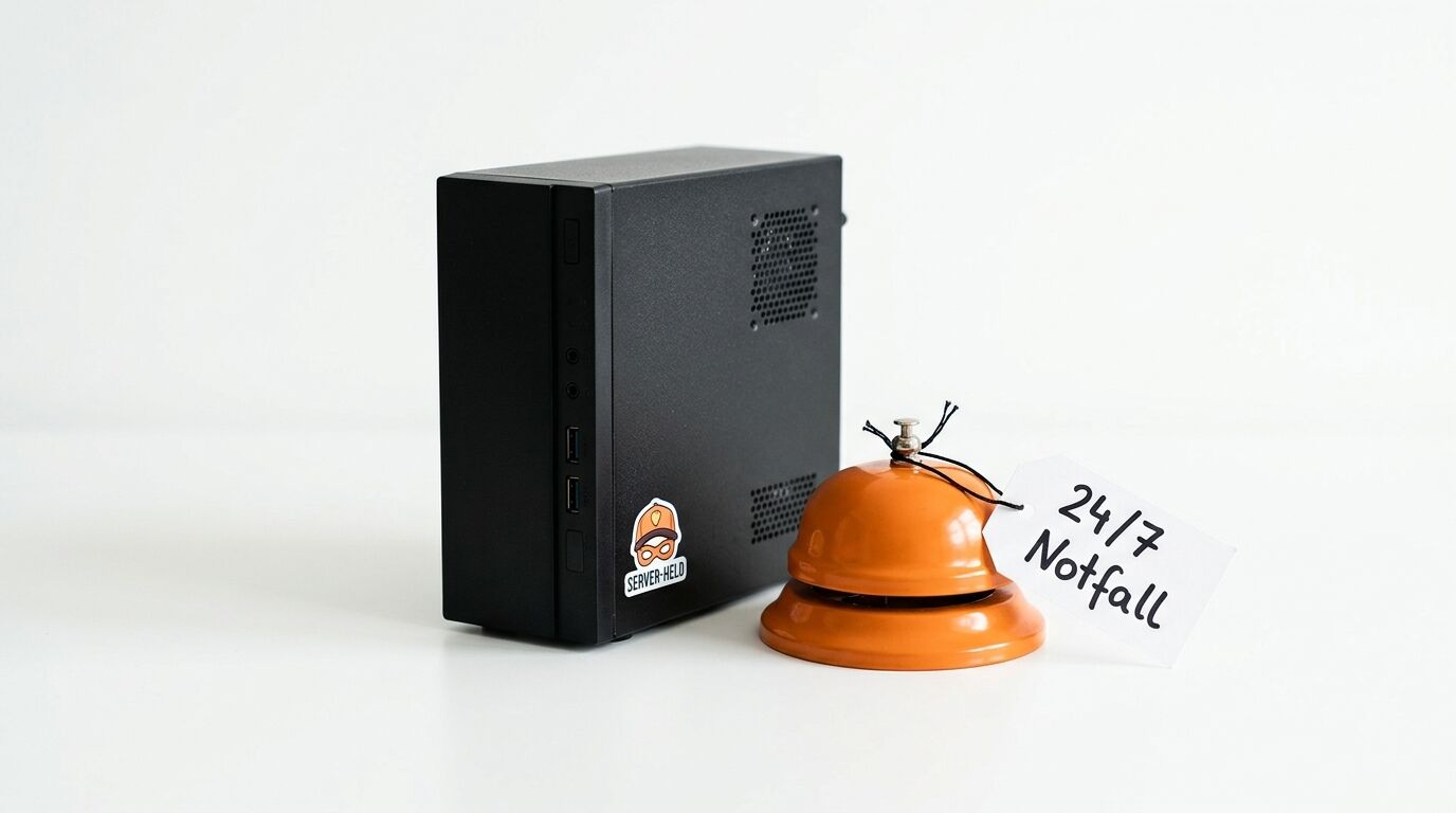 Kleiner schwarzer PC und orange Rezeptionsklingel mit dem Anhänger „24/7 Notfall“ auf Weiß