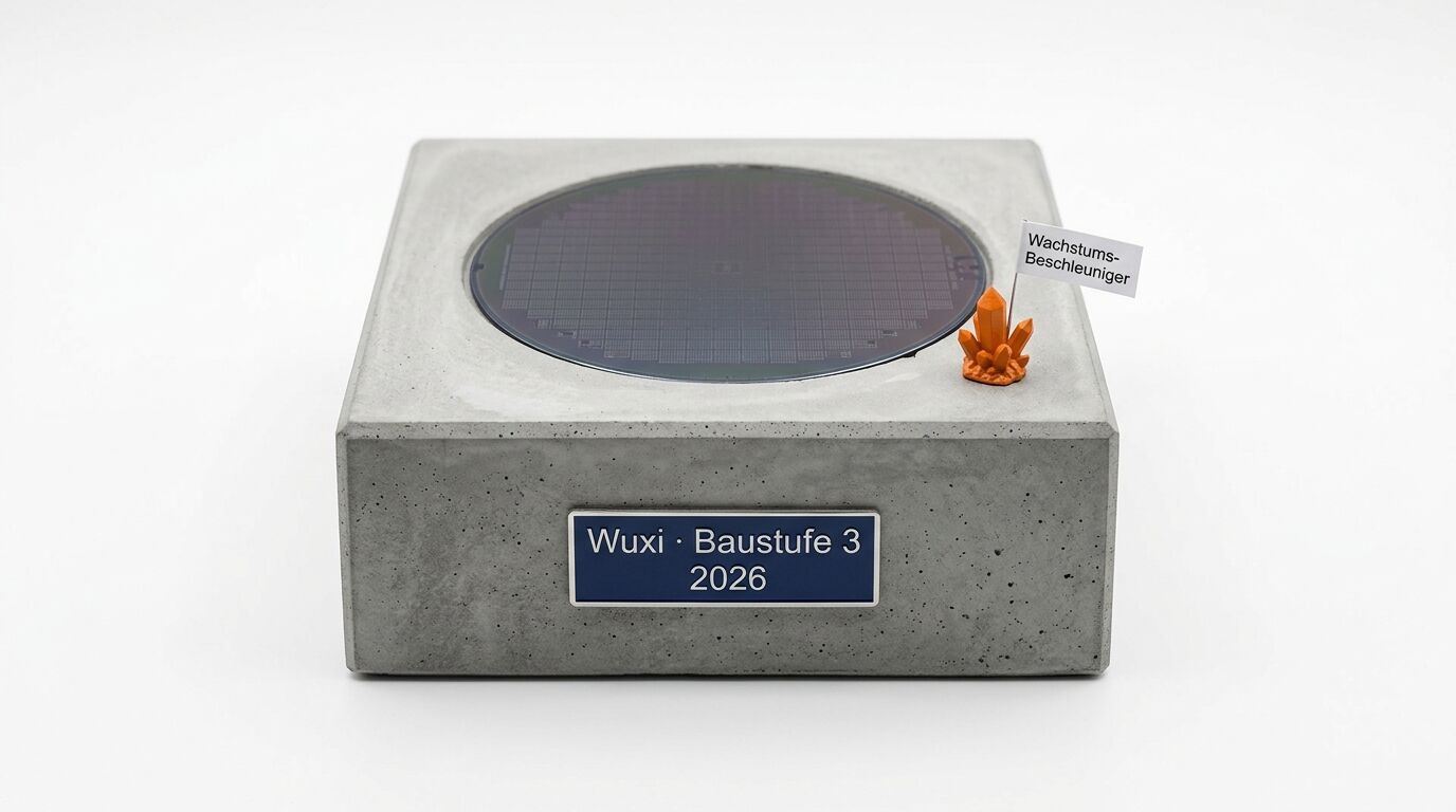 Ein Betonsockel mit einem Silizium-Wafer, einer orangen Kristallgruppe und einem Schild