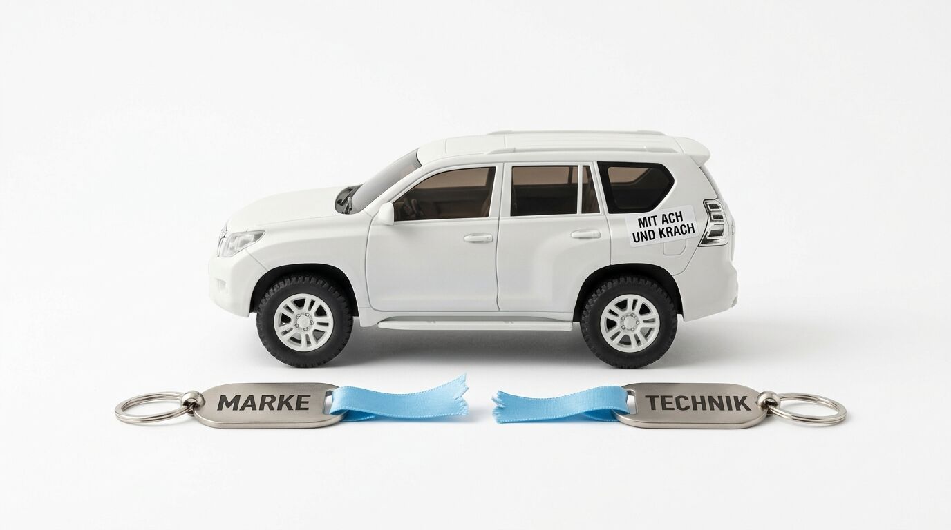 Ein weißes Modellauto und zwei Schlüsselanhänger mit den Wörtern „MARKE“ und „TECHNIK“