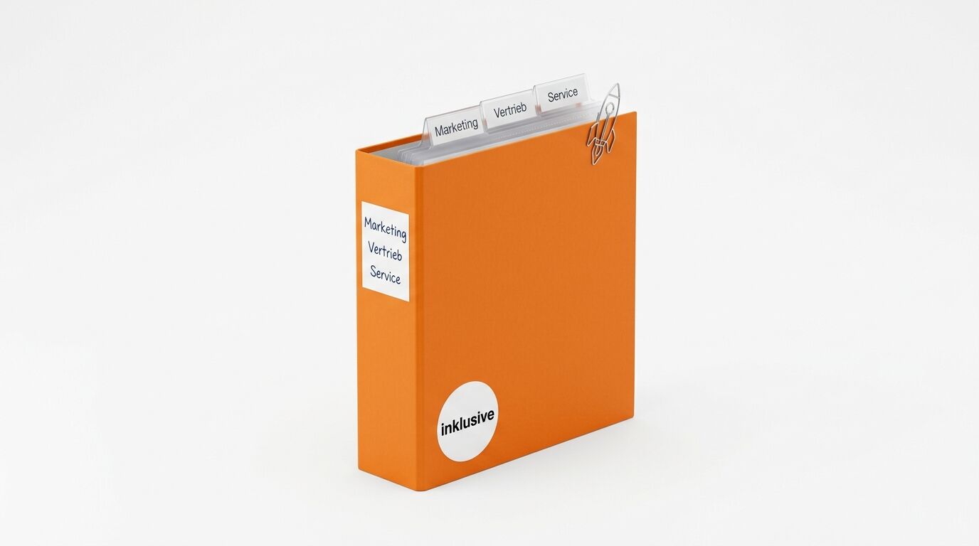Orangefarbener Ordner mit Registern, Rückenetikett, „inklusive“-Sticker und Rakete-Büroklammer