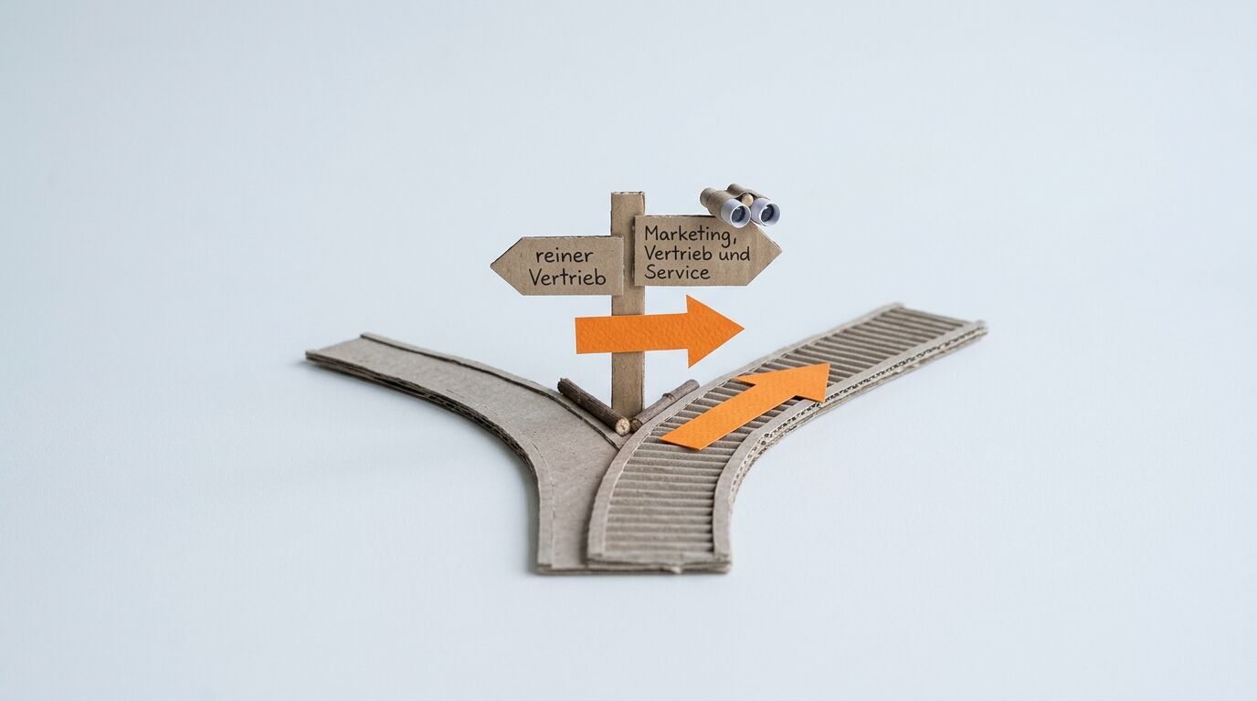 Miniatur-Wegweiser aus Pappe an einer Weggabelung mit deutschen Begriffen und Fernglas