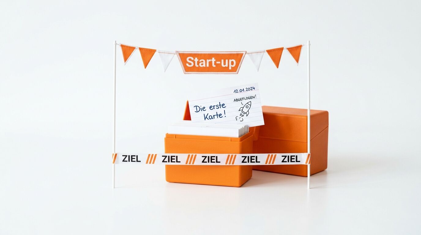 Miniatur-Rennstrecke mit orangefarbenen Kisten und Start/Ziel-Bannern vor weißem Hintergrund