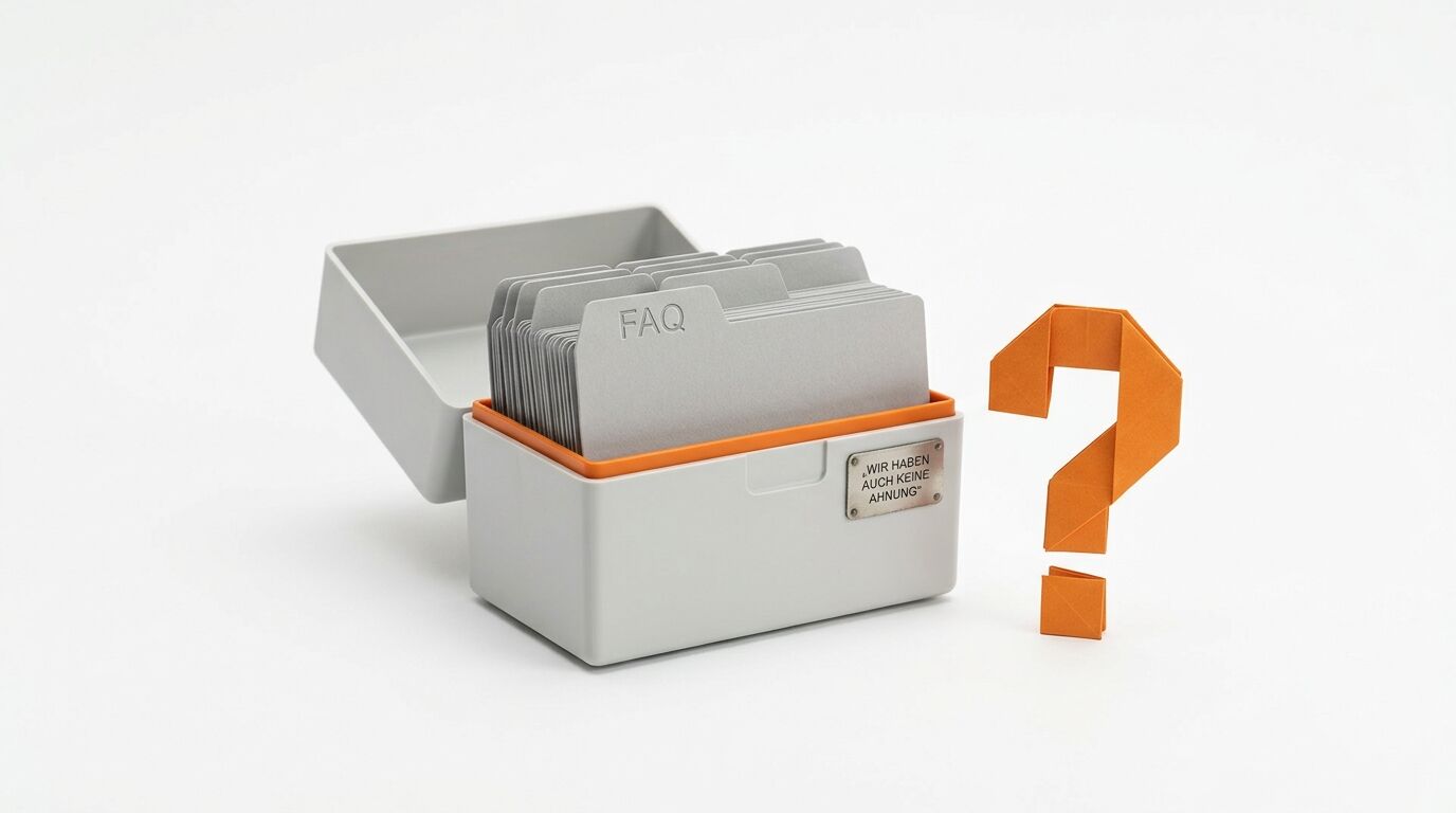 Karteikasten mit FAQ-Karten neben einem orangefarbenen Origami-Fragezeichen