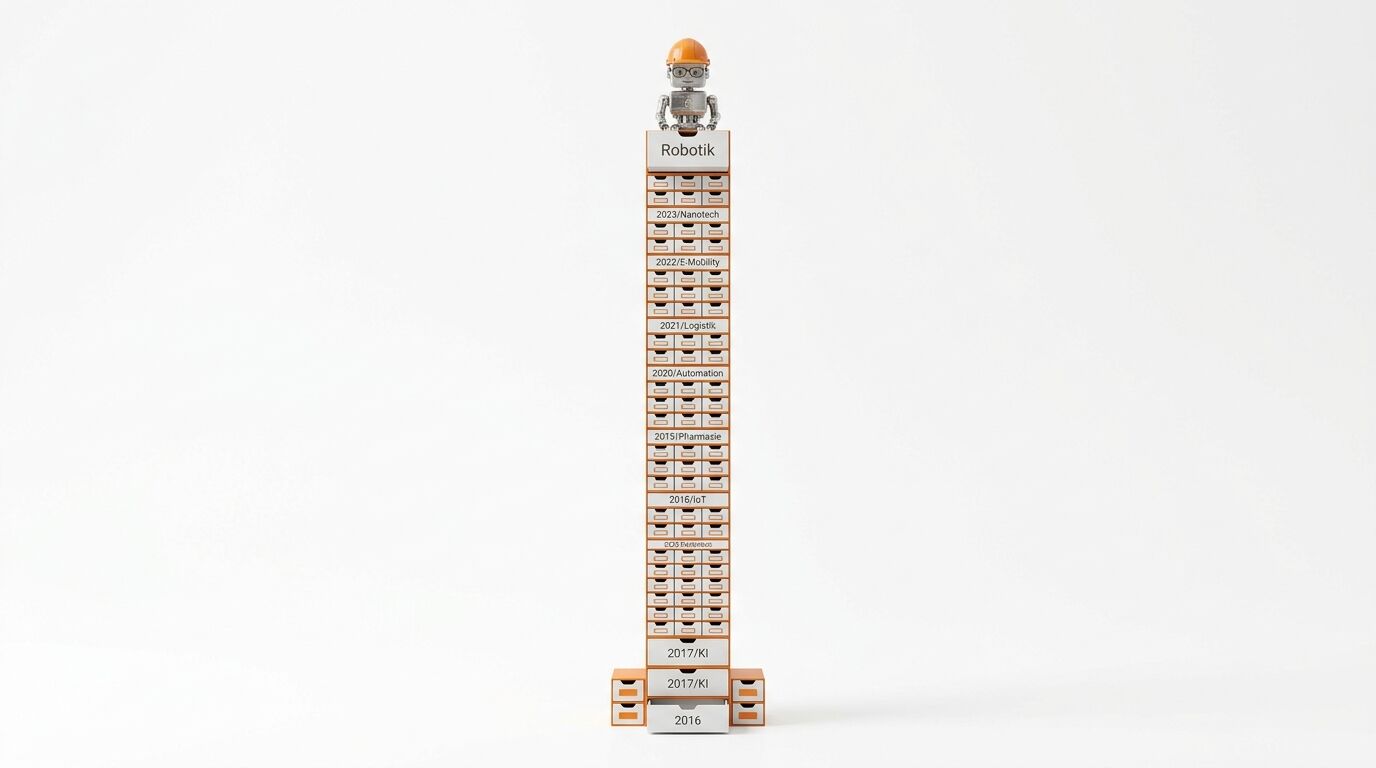 Eine vertikale Säule aus beige-braunen Blöcken, beschriftet mit Jahreszahlen und technologischen Themen, getoppt von einer Roboterfigur mit Helm, steht vor einem weißen Hintergrund