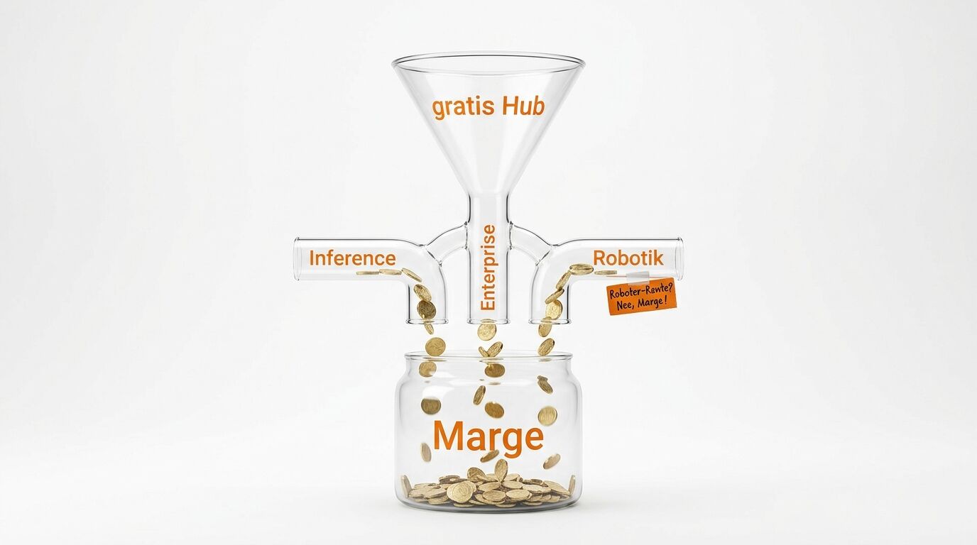 Metapher-Diagramm: Glasgefäße leiten Münzen aus verschiedenen Bereichen in ein Gefäß namens Marge