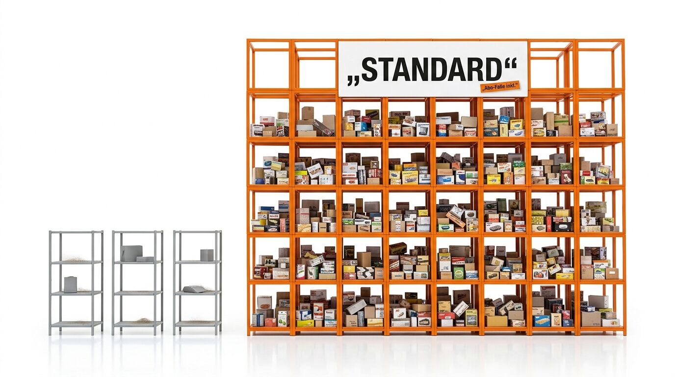 Volles oranges Regal „STANDARD“ neben drei leeren Metallregalen vor weißem Hintergrund