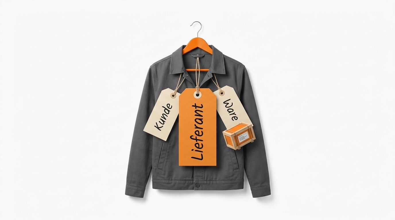 Eine graue Jacke hängt auf einem Bügel vor weißem Grund und ist mit drei beschrifteten Etiketten behängt