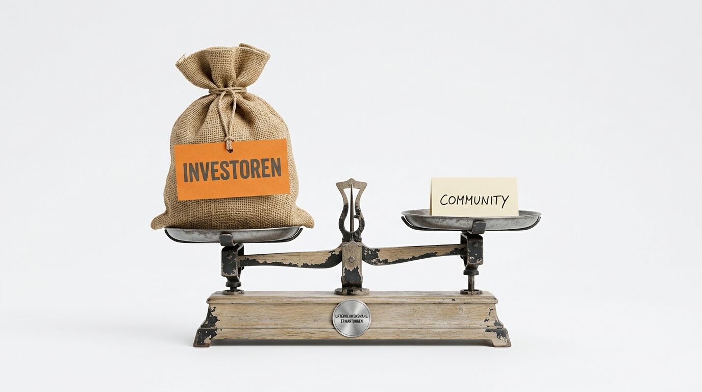 Balkenwaage mit Sack (Investoren) links und Karte (Community) rechts auf weißem Grund