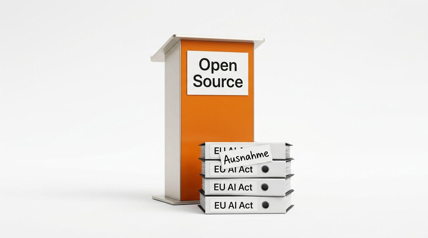 Rednerpult mit Text „Open Source“ und Aktenstapel „EU AI Act“ sowie Zettel „Ausnahme“