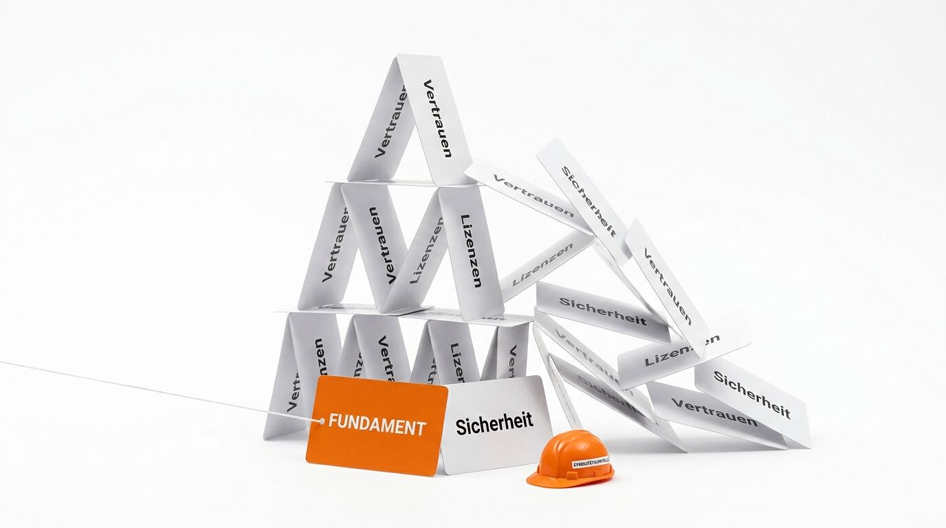 Zusammenbrechendes Kartenhaus aus bedruckten Kärtchen und kleiner orangefarbener Helm
