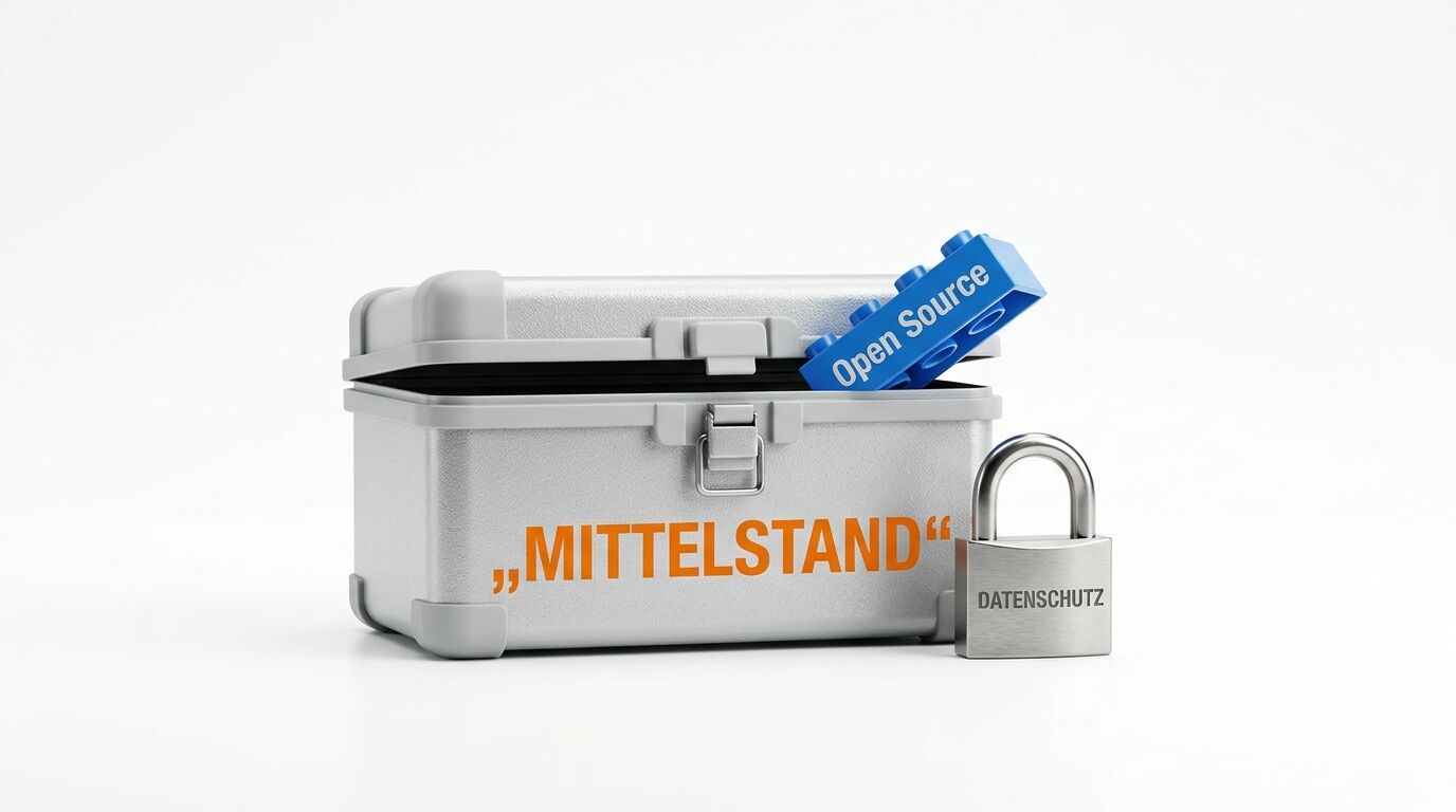 Ein Koffer mit Aufschrift „Mittelstand“ und Baustein mit Aufschrift „Open Source“ davor