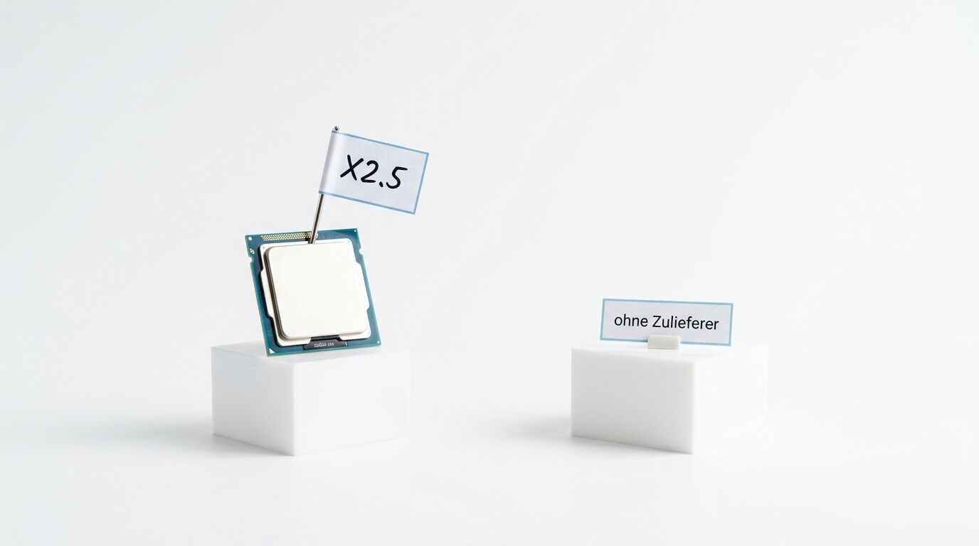 Prozessor mit „x2.5“-Fahne und Block mit „ohne Zulieferer“-Schild auf weißem Grund