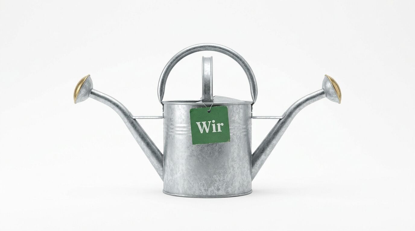 Zinkgießkanne mit zwei Ausgüssen und grünem Anhänger mit Aufschrift „Wir“ auf Weiß