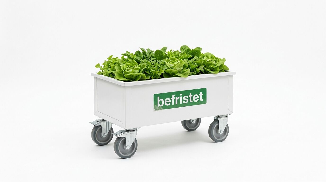Ein weißer Wagen mit Salatpflanzen und der Aufschrift „befristet“ auf grünem Hintergrund vor weißem Grund