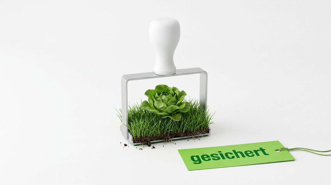 Ein Stempel mit Gras und Salat darauf sowie ein grünes Etikett mit Aufschrift „gesichert“