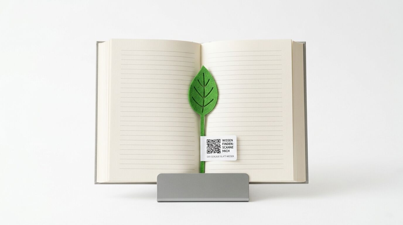 Offenes Notizbuch mit linierter Seite und blattförmigem Lesezeichen mit QR-Code und Text in Halterung
