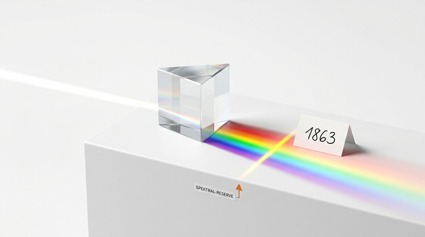 Prisma bricht Licht in Regenbogenspektrum auf weißem Block mit Jahreszahl 1863 und Aufkleber
