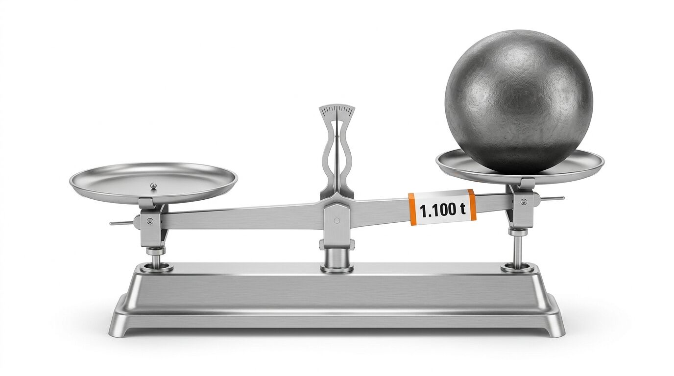 Metallen Waage mit Kugel rechts. Das Gewicht wird auf 1.100 t angezeigt