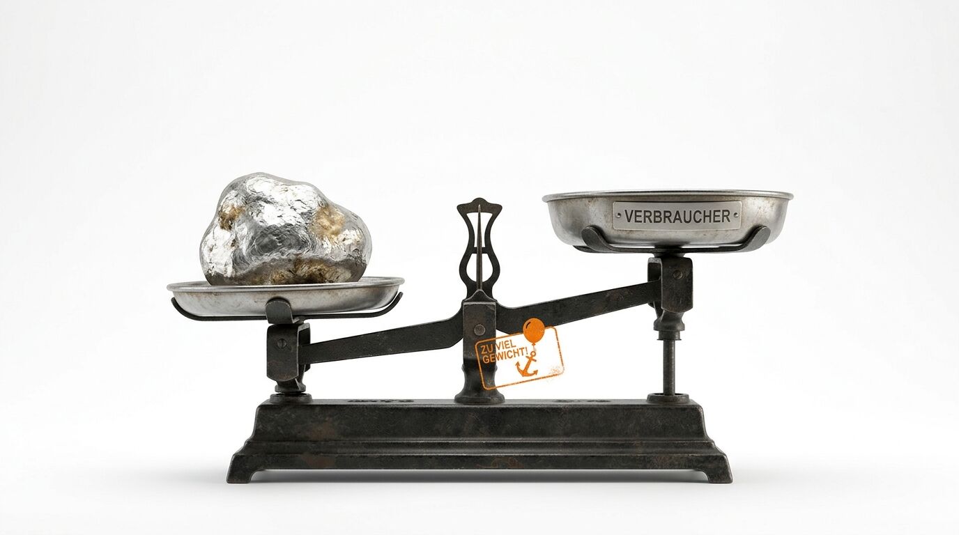 Alte Balkenwaage, links Stein, rechts Schale mit „VERBRAUCHER“, in Schieflage