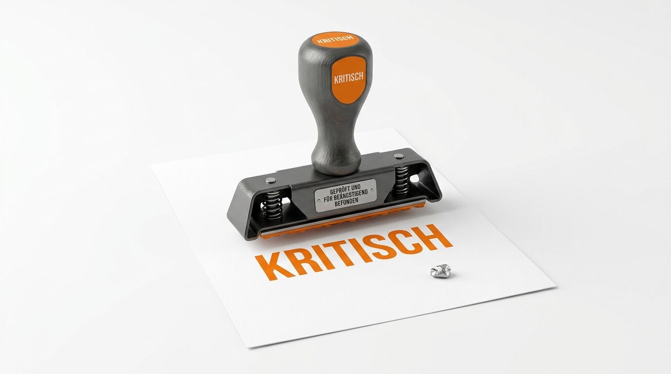 Ein Metallstempel mit Holzgriff steht auf Papier mit dem orangenen Aufdruck KRITISCH