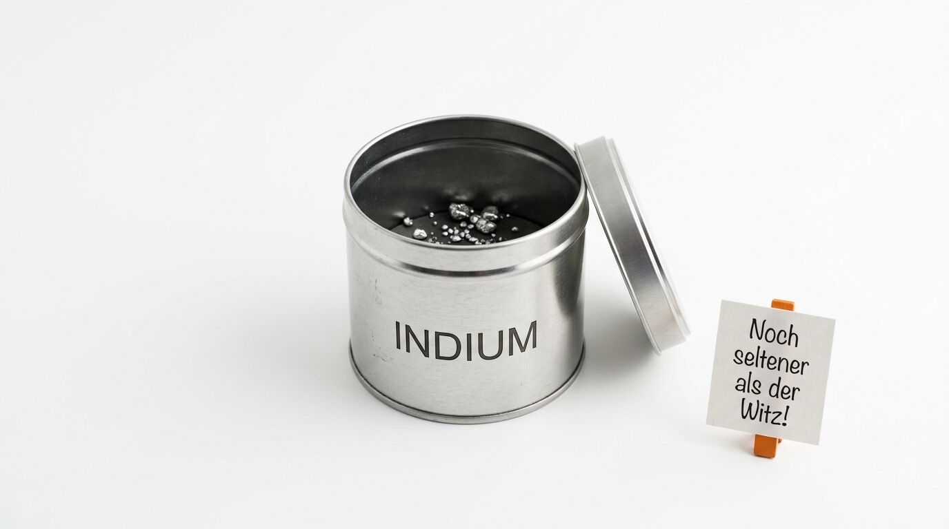 Offene Indium-Dose mit Kügelchen und kleinem Schild auf weißem Hintergrund