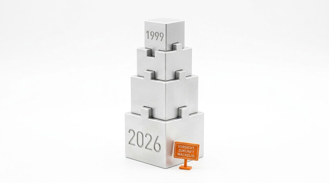 Gestapelte, verzahnte Metallwürfel mit Jahreszahlen (1999 oben, 2026 unten) auf weißem Grund