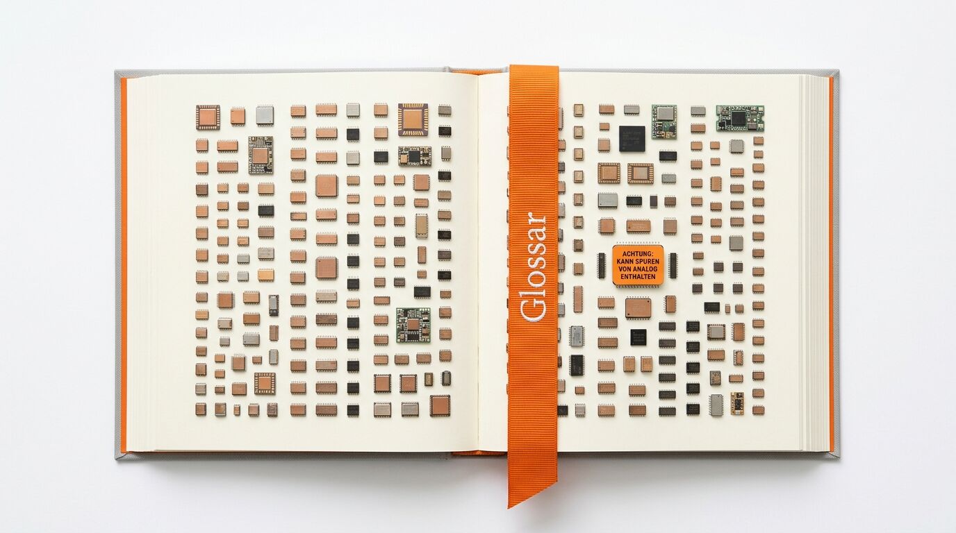 Geöffnetes Buch mit Spalten aus Computerchips und einem orangen Lesezeichen mit „Glossar“