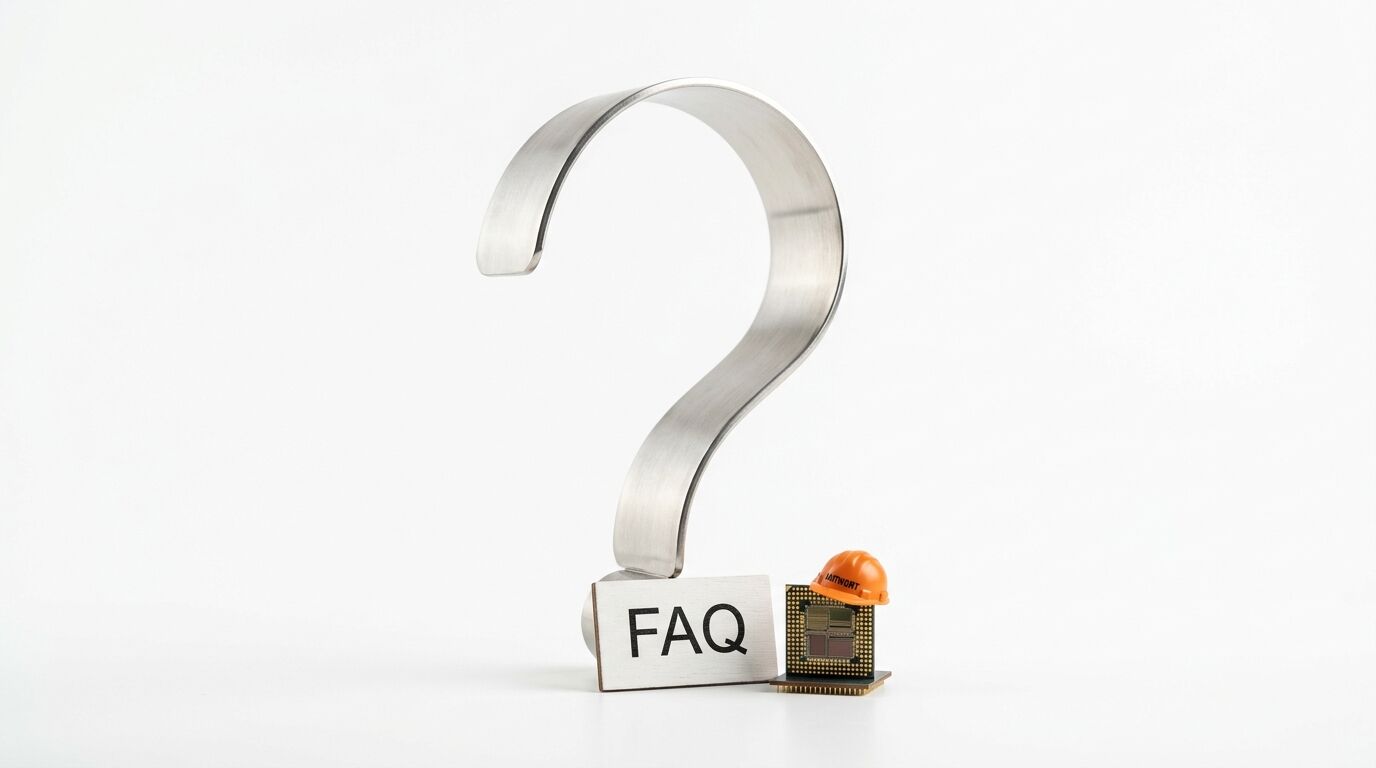 Metallfragezeichen, FAQ-Schild, CPU mit Helm auf weißem Grund