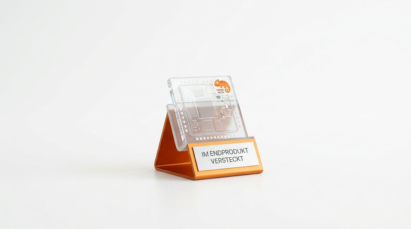 Ein Pokal in einem klaren Gehäuse, verpackt in einem Kupferständer
