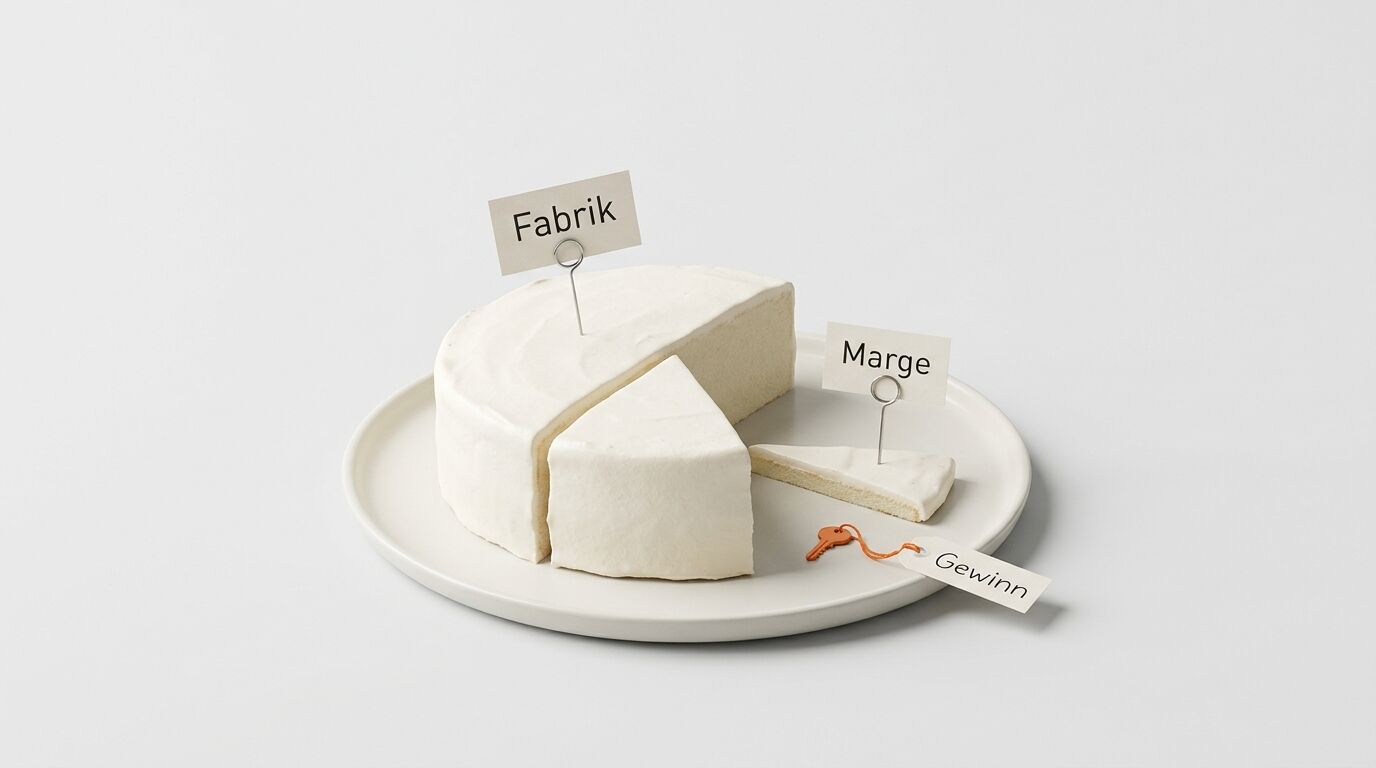 Kuchen mit Schildern 'Fabrik', 'Marge', 'Gewinn' und Schlüssel auf Teller