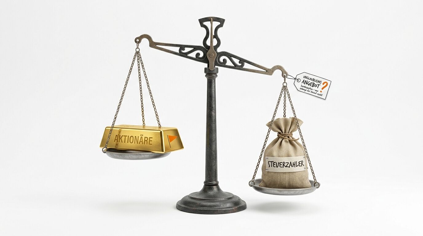 Eine Waage mit Goldbarren für Aktionäre links und einem Geldbeutel für Steuerzahler rechts