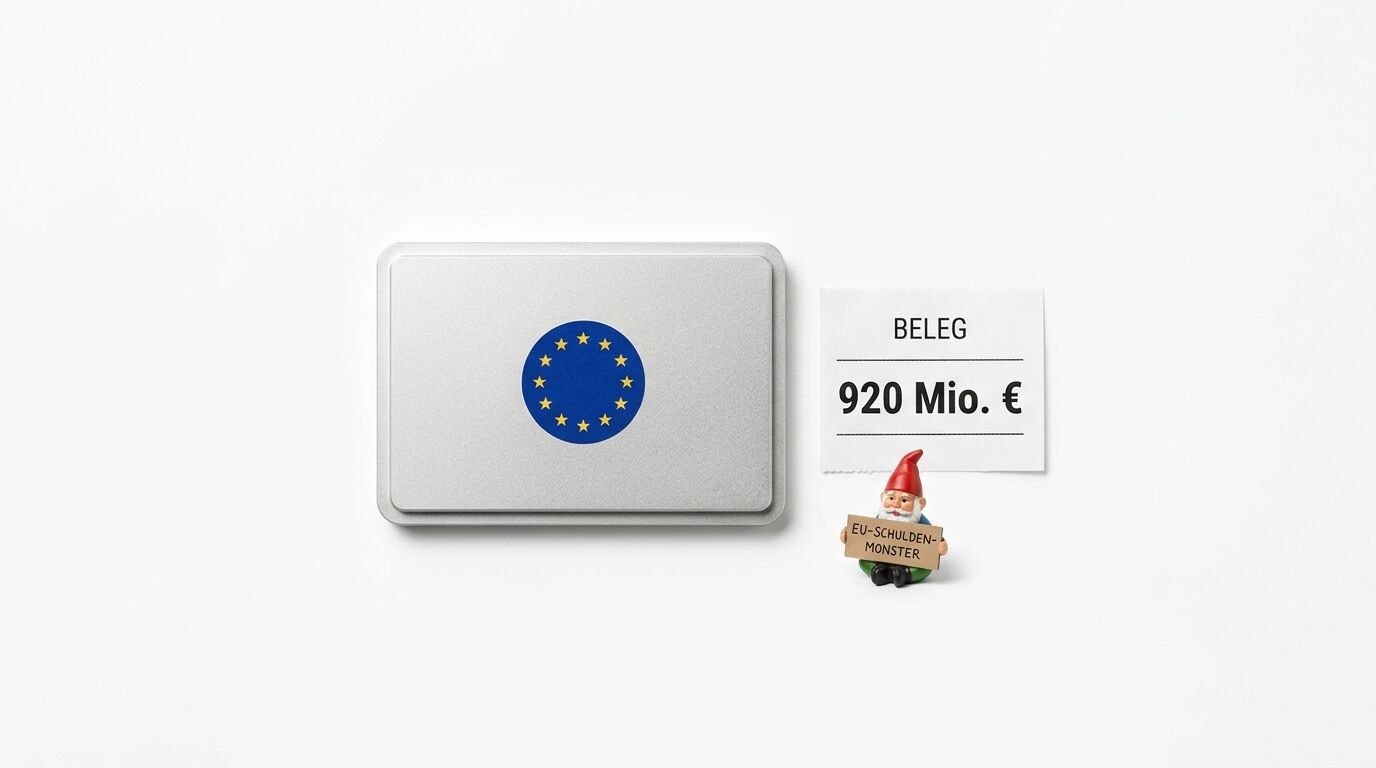 Zwerg mit „EU-SCHULDEN-MONSTER“-Schild, Zettel „BELEG 920 Mio. €“ und EU-Flagge