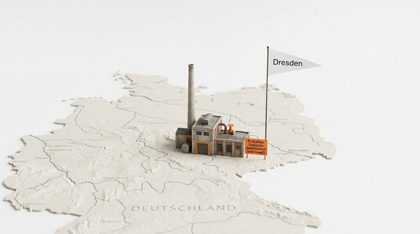 Diorama: Fabrikmodell auf Reliefkarte von Deutschland, markiert mit Dresden-Fahne