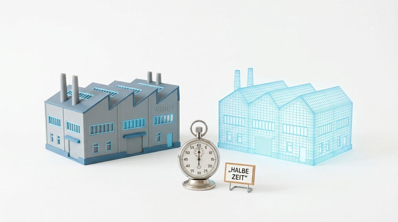 Miniaturfabrikmodell und Gittermodell mit Stoppuhr und Schild vor weißem Grund