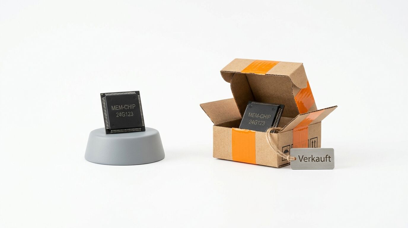Zwei MEM-CHIPS, einer auf Ständer, einer in Box, mit Plakette „Verkauft“