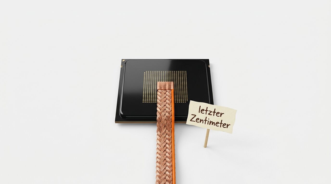 Ein Mikrochip liegt mit einem Kupfergeflecht auf weißem Grund. Ein Schild zeigt „letzter Zentimeter“
