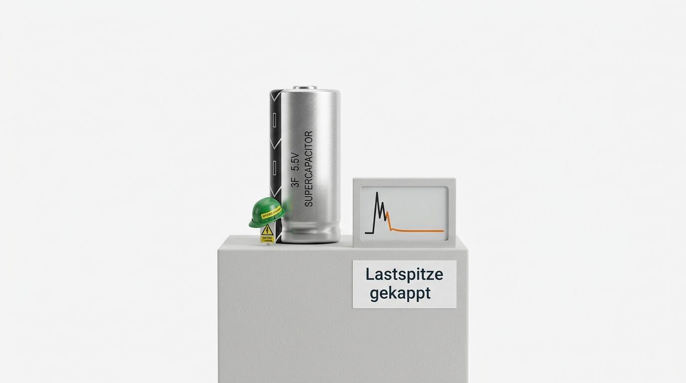 Superkondensator, Helm und Diagramm auf Sockel mit Text „Lastspitze gekappt“