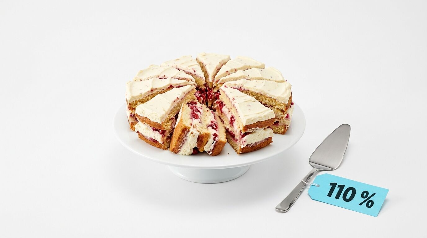 Aufgeschnittener Kuchen mit Creme und Beerenmarmelade auf weißem Teller, daneben ein Tortenheber und ein Schild mit "110 %"