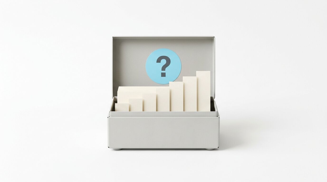 Offene weiße Box mit aufsteigenden weißen Blöcken und blauem Fragezeichen-Symbol im Hintergrund