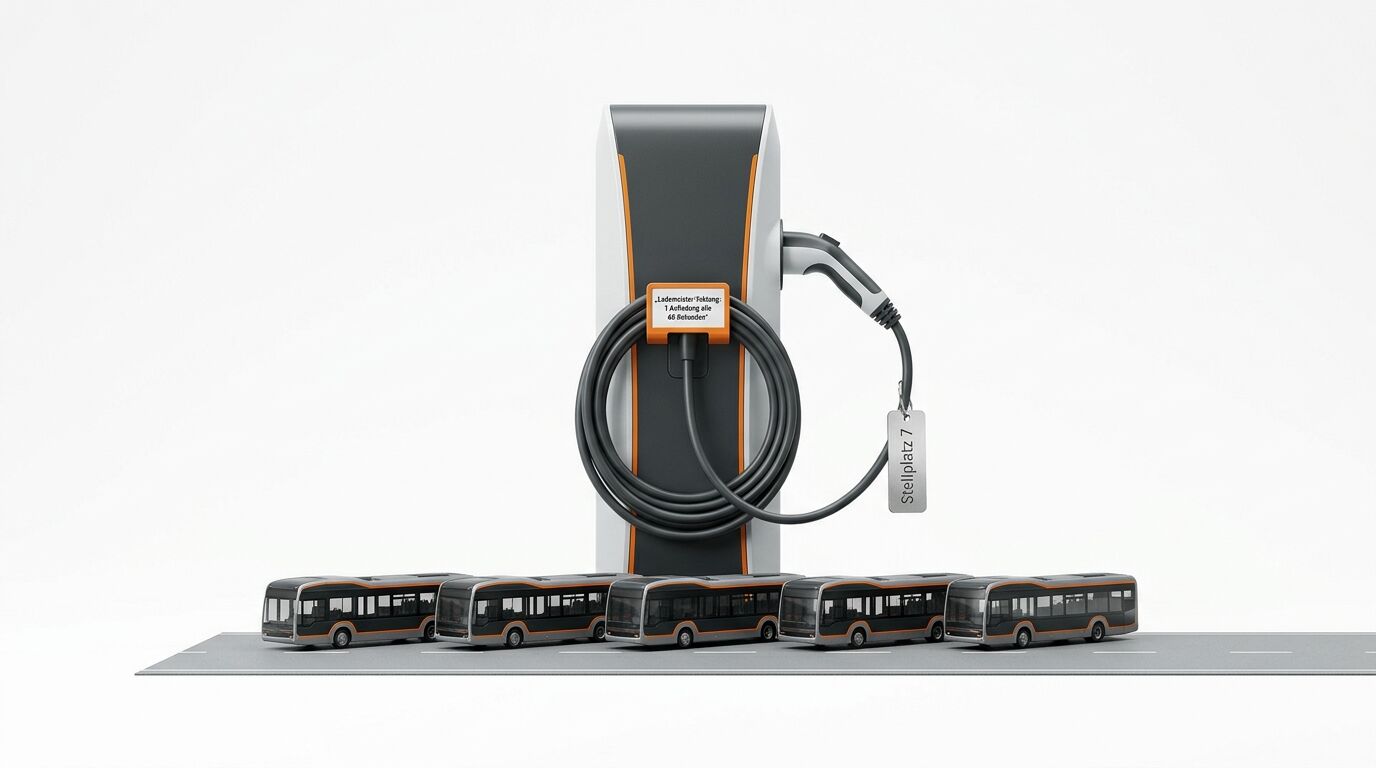 Fünf Modellbusse stehen vor einer Elektro-Ladesäule mit Kabel