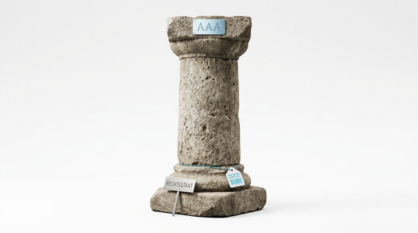 Alte Säule mit Schildern, oben „AAA“, unten „RECHTSSTAAT“