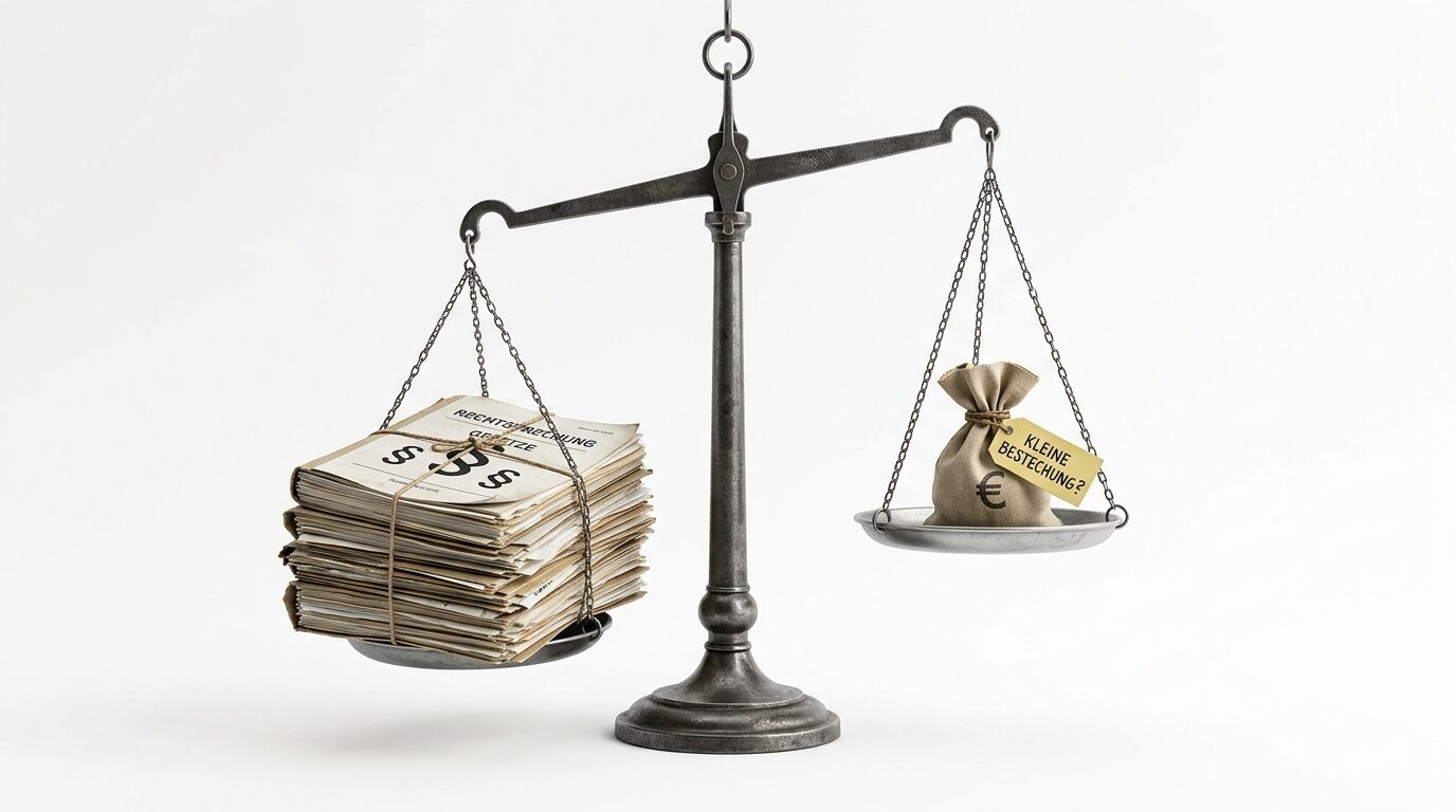 Waage mit Aktenstapel links und Geldsack rechts
