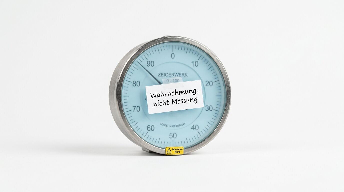 Analoges Messgerät mit Papiernotiz „Wahrnehmung, nicht Messung“ auf weißem Grund
