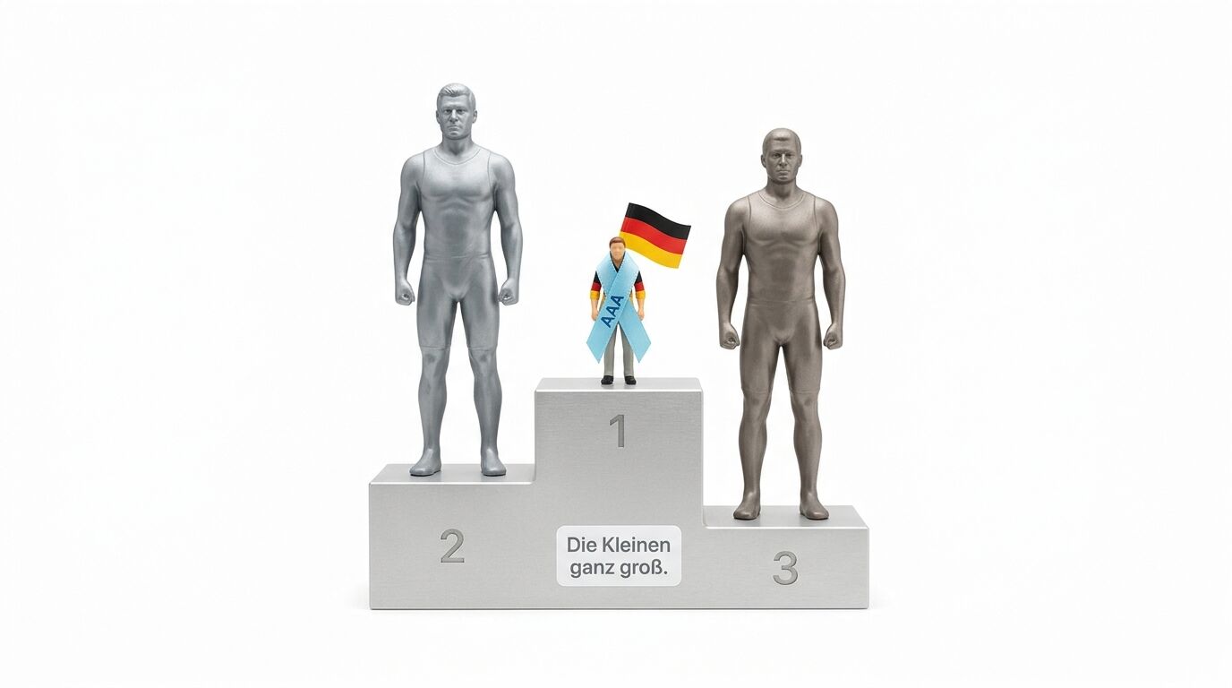 Zwei große, graue Athletenstatuen und eine kleine Figur mit Deutschlandfahne auf einem Podest
