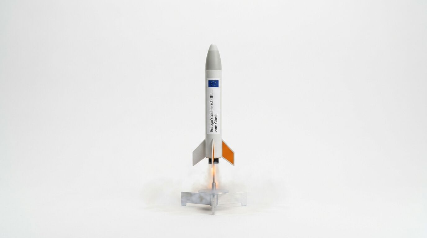 Aufsteigendes Raketenmodell mit EU-Symbolik und deutschem Text auf weißem Hintergrund